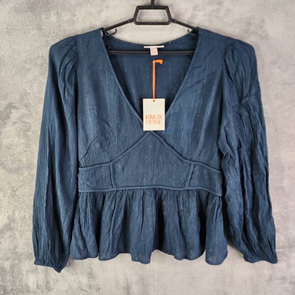 Womens Knox Rose Blue Peplum Top Blouse Long Sleeve V Neck gathered waist XL - Picture 2 of 13